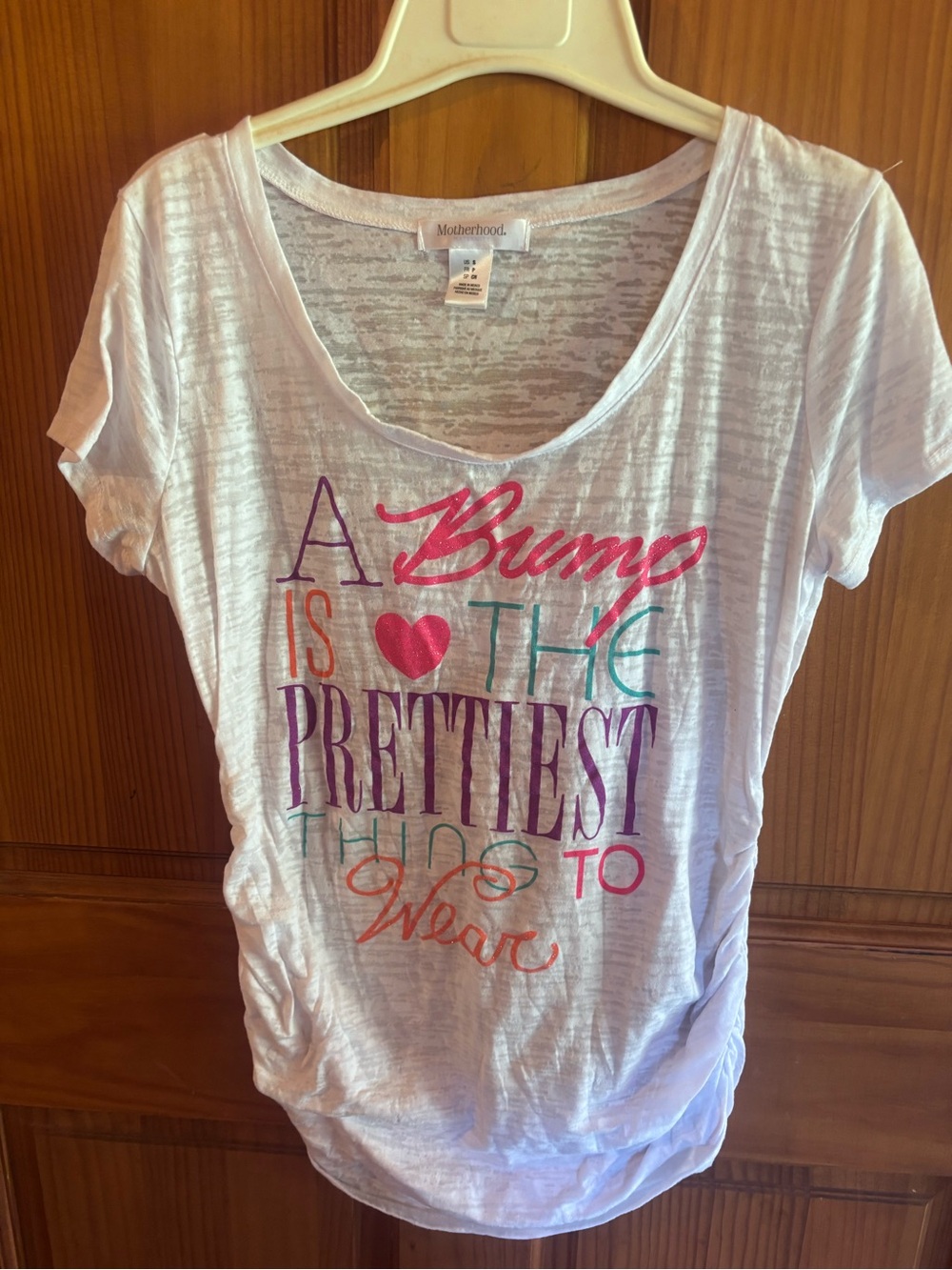 Motherhood White Short Sleeve Graphic Maternity Tee with Multicolor Lettering